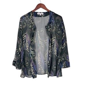 TRAVELSMITH Semi Sheer Open Front Peacock Feather Print Cardigan Women's Size 1X